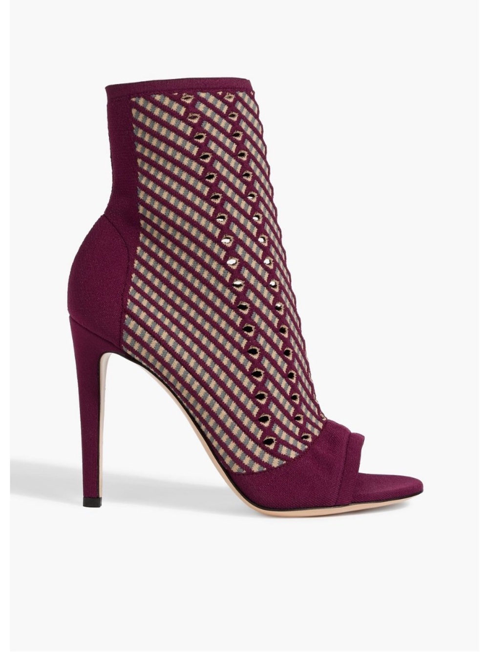 NWT- Gianvito Rossi Wine Open-Toe Perforated Jacquard-Knit Ankle Boots. Size 7